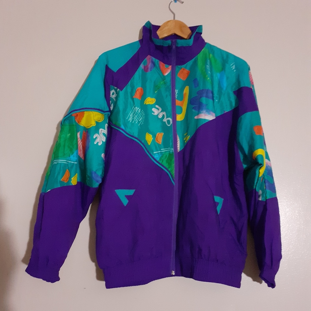 Vintage Windbreaker Long sleeve Flower prints Zip Oversized Jacket with pockets